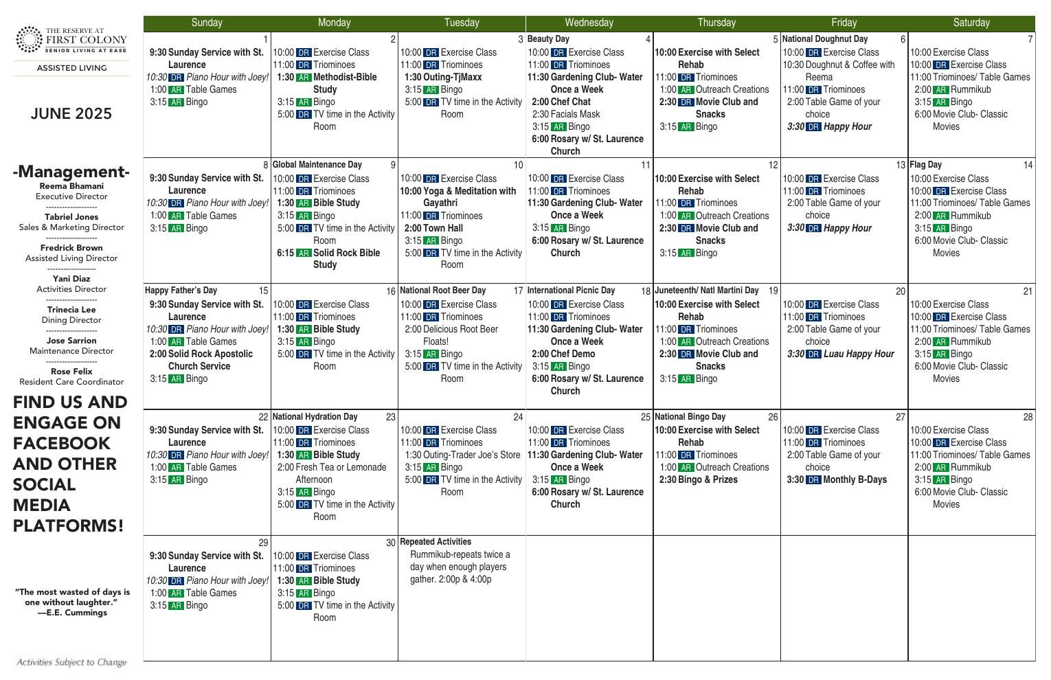 Assisted Living Event Calendar